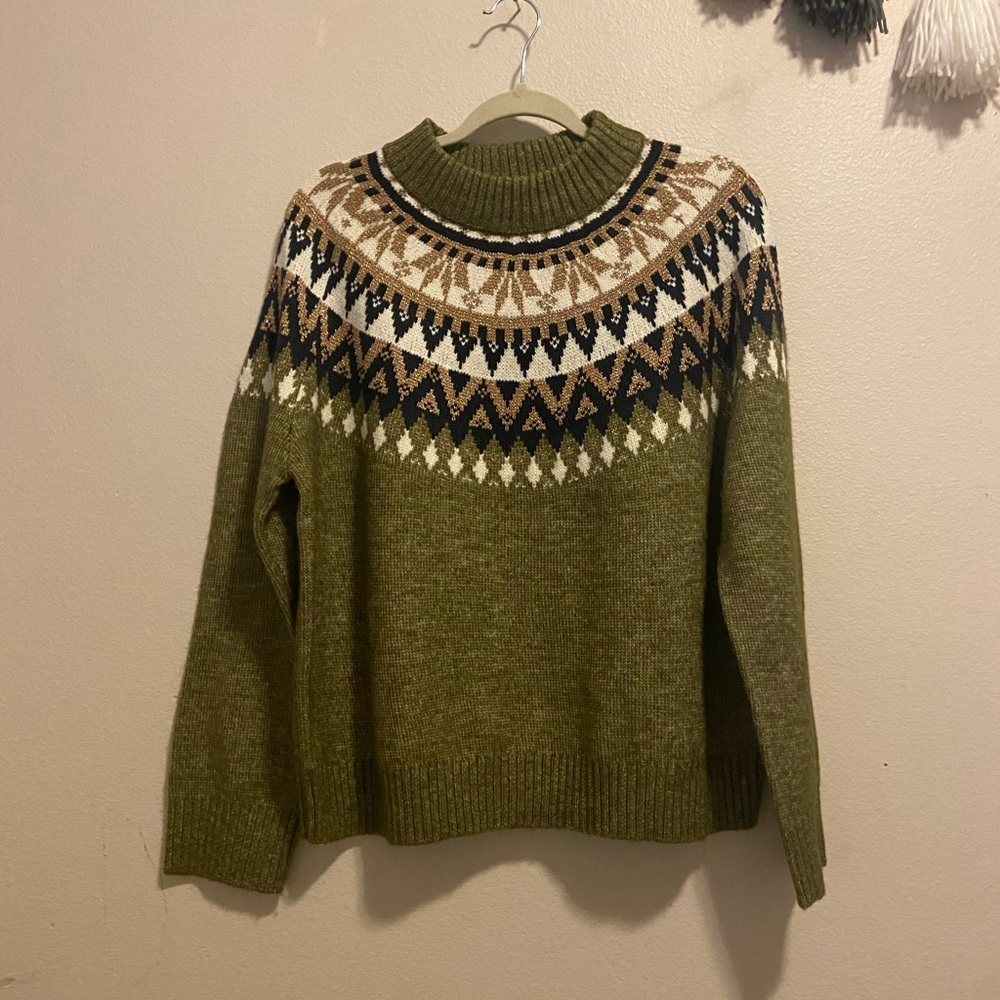 Tommy Hilfiger Women Nordic Snowflake Raglan Sweater Olive Metallic LARGE